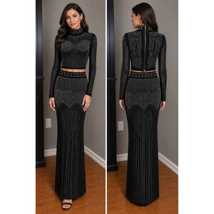 Black Rhinestone Mesh Two Piece‎ Set Womens Sheer Long Sleeve Skirt XL